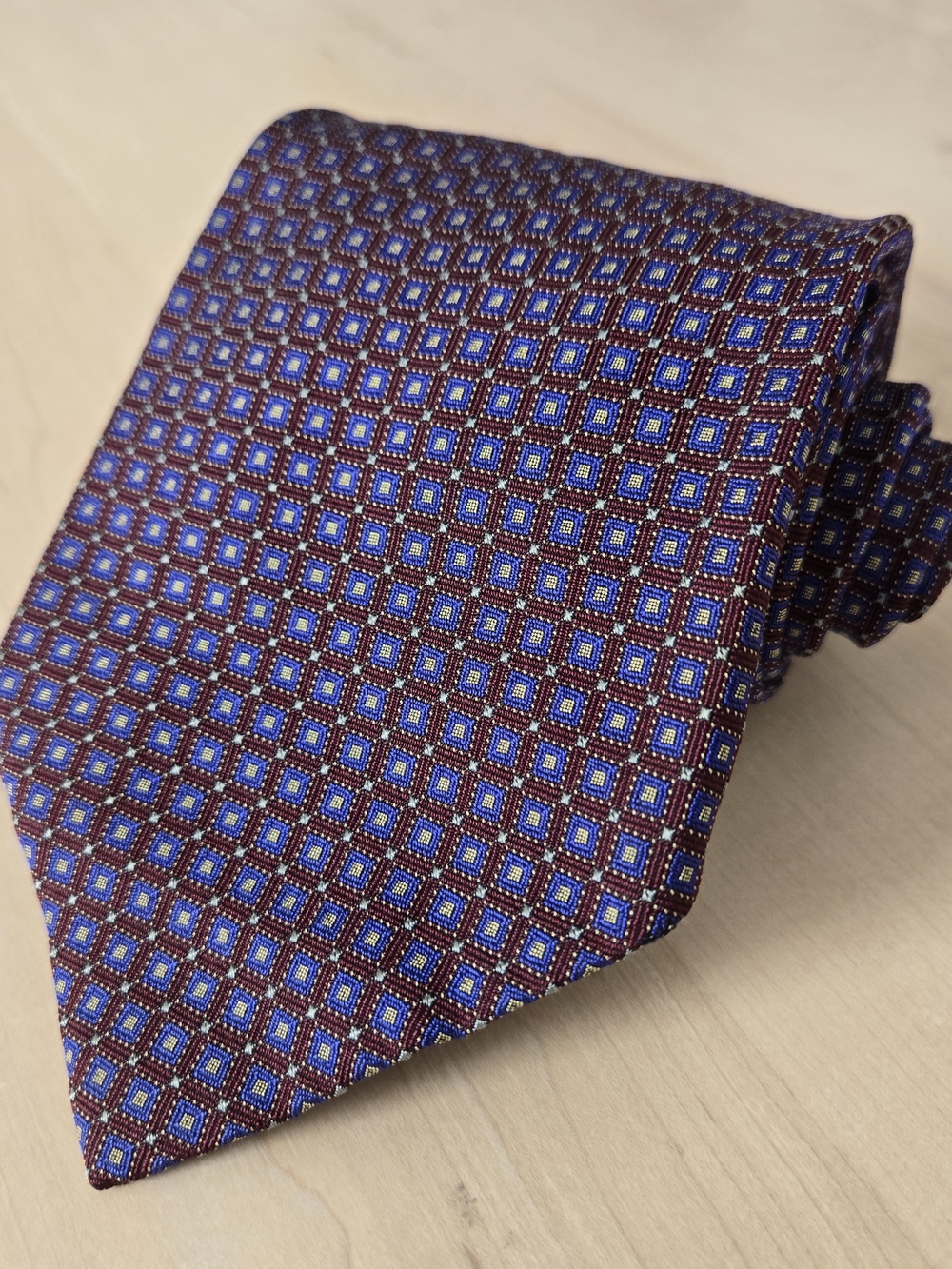 Ralph Lauren Maroon Tie with Blue Geometric Medallions